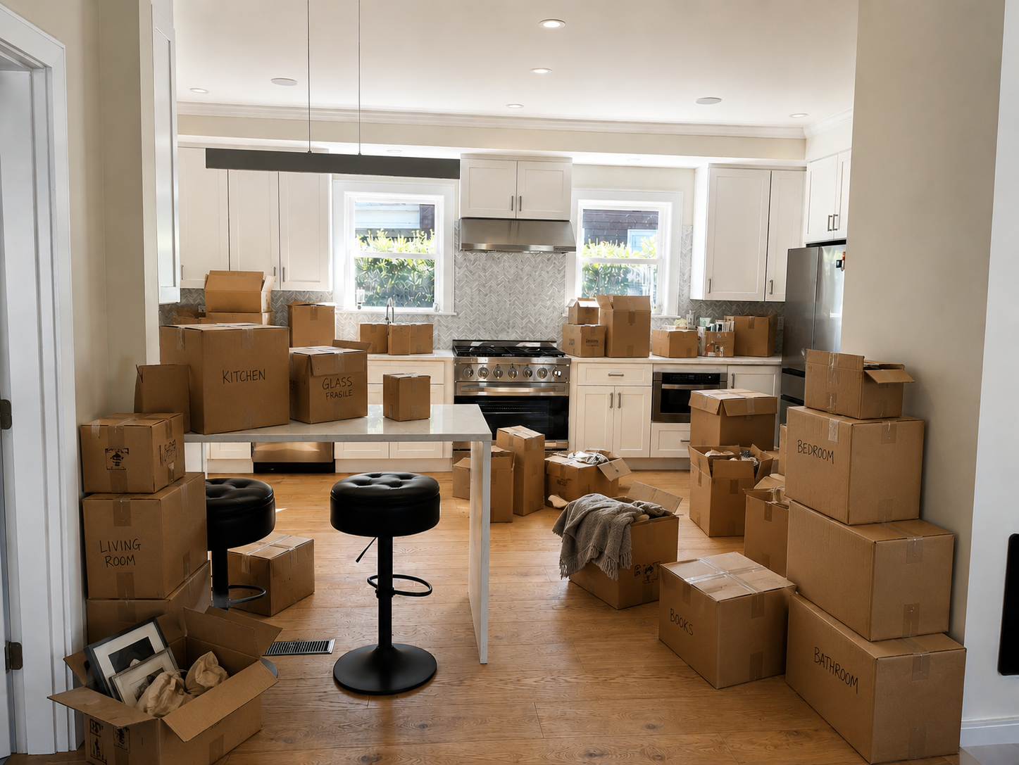 Kitchen filled with moving boxes labeled by room, island with stools, stainless appliances visible, suggesting a home move in progress.